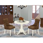 3Pc Dinette Set, Small Rounded Kitchen Table, Two Parson Chairs, Dark Coffee Fabric, Linen White Finish