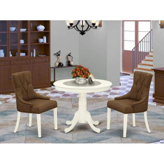 3Pc Dinette Set, Small Rounded Kitchen Table, Two Parson Chairs, Dark Coffee Fabric, Linen White Finish