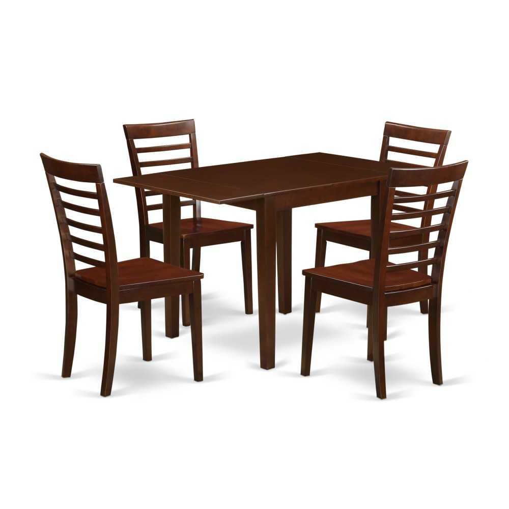 5Pc Wood Dining Set, Rectangular Table, 4 Chairs, Rubberwood Seat, Ladder Back, Mahogany