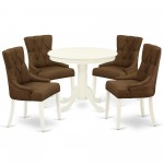 5Pc Dining Set, Small Round Dinette Table, Four Parson Chairs, Dark Coffee Fabric, Linen White Finish