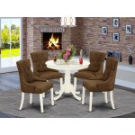 5Pc Dining Set, Small Round Dinette Table, Four Parson Chairs, Dark Coffee Fabric, Linen White Finish