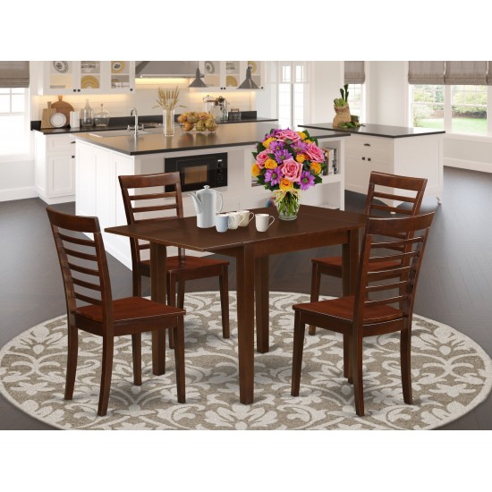 5Pc Wood Dining Set, Rectangular Table, 4 Chairs, Rubberwood Seat, Ladder Back, Mahogany