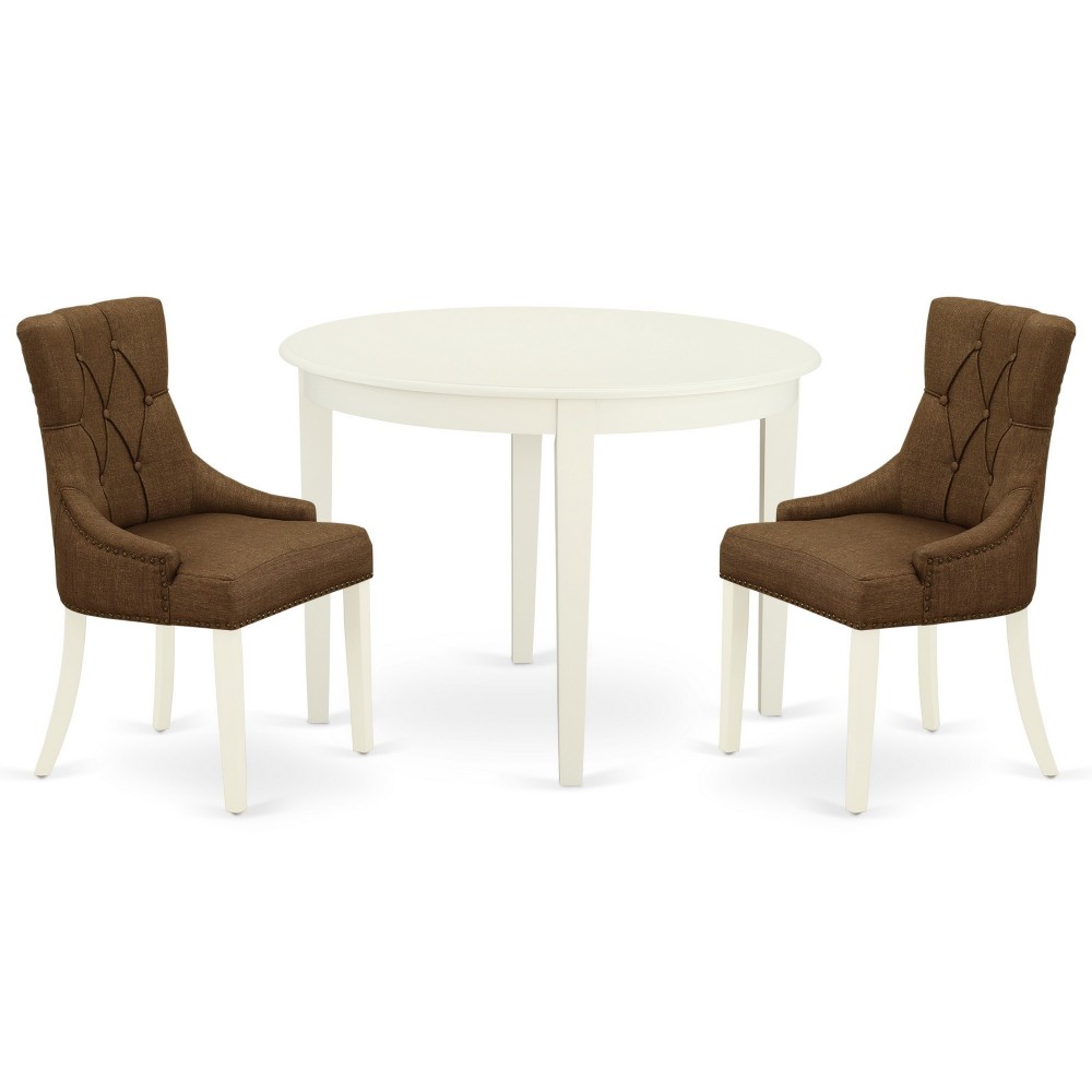 3Pc Dinette Set, Small Rounded Kitchen Table, Two Parson Chairs, Dark Coffee Fabric, White Finish
