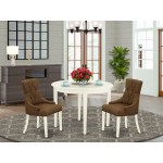 3Pc Dinette Set, Small Rounded Kitchen Table, Two Parson Chairs, Dark Coffee Fabric, White Finish
