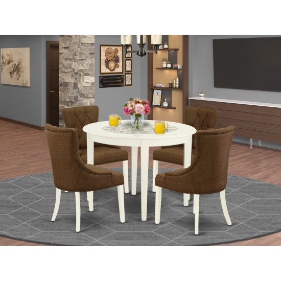 5Pc Dining Set, Small Round Dinette Table, Four Parson Chairs, Dark Coffee Fabric, White Finish
