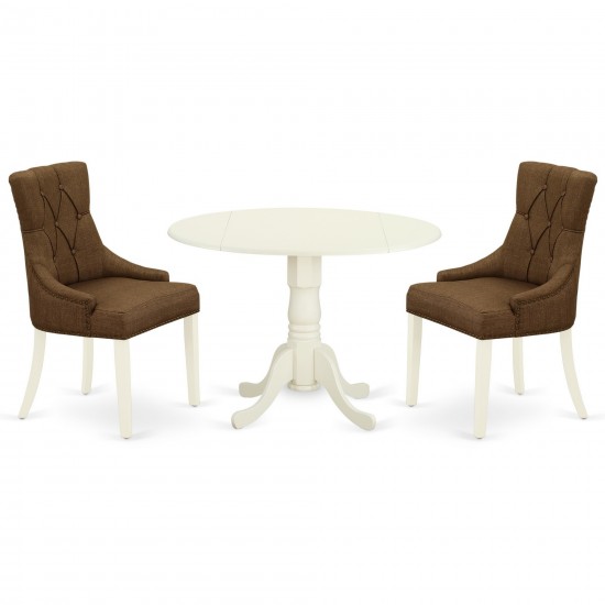 3Pc Dinette Set, Small Rounded Kitchen Table, Drop Leaves, Two Parson Chairs, Dark Coffee Fabric, White