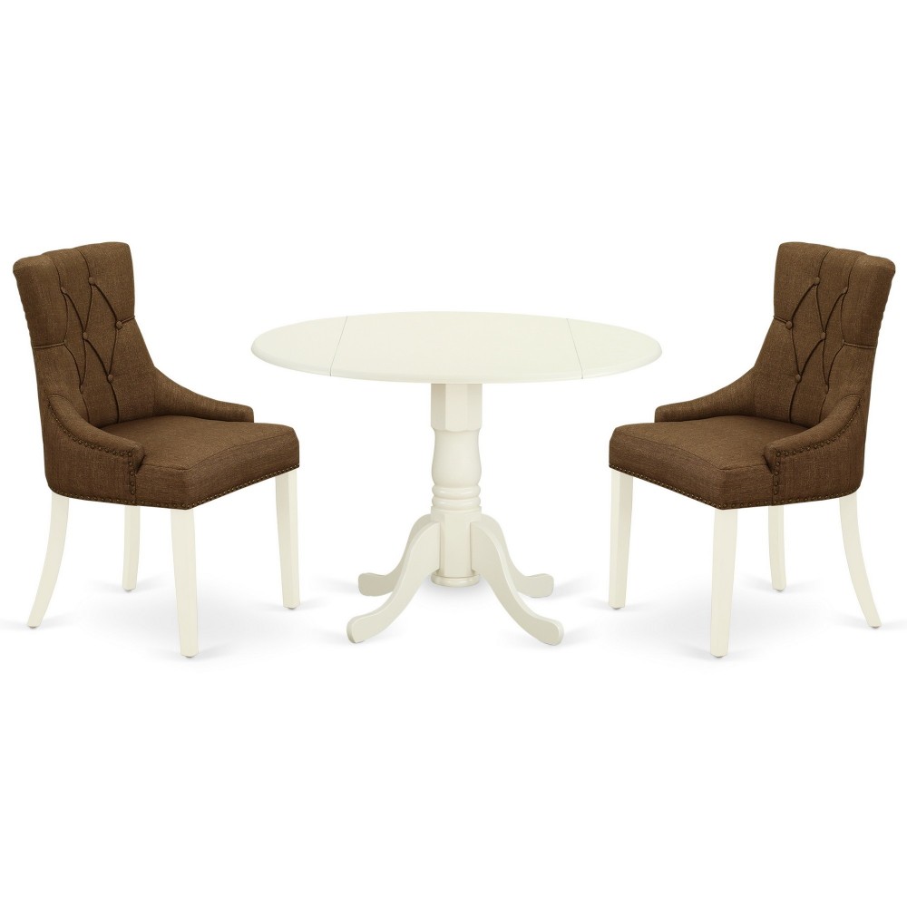 3Pc Dinette Set, Small Rounded Kitchen Table, Drop Leaves, Two Parson Chairs, Dark Coffee Fabric, White 3Pc Dinette Set, Small Rounded Kitchen Table, Drop Leaves, Two Parson Chairs, Dark Coffee Fabric, White