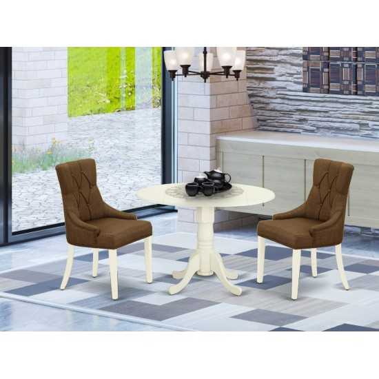 3Pc Dinette Set, Small Rounded Kitchen Table, Drop Leaves, Two Parson Chairs, Dark Coffee Fabric, White