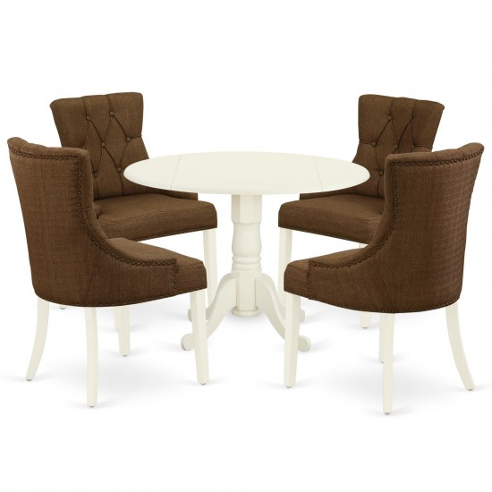 5Pc Dining Set, Small Round Dinette Table, Drop Leaves, Four Parson Chairs, Dark Coffee Fabric, White