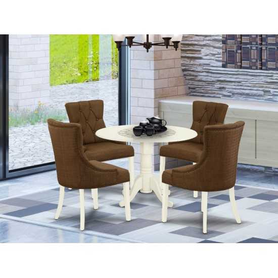 5Pc Dining Set, Small Round Dinette Table, Drop Leaves, Four Parson Chairs, Dark Coffee Fabric, White