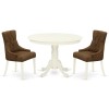 3Pc Dinette Set, Rounded Kitchen Table, Two Parson Chairs, Dark Coffee Fabric, Linen White Finish