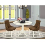 3Pc Dinette Set, Rounded Kitchen Table, Two Parson Chairs, Dark Coffee Fabric, Linen White Finish