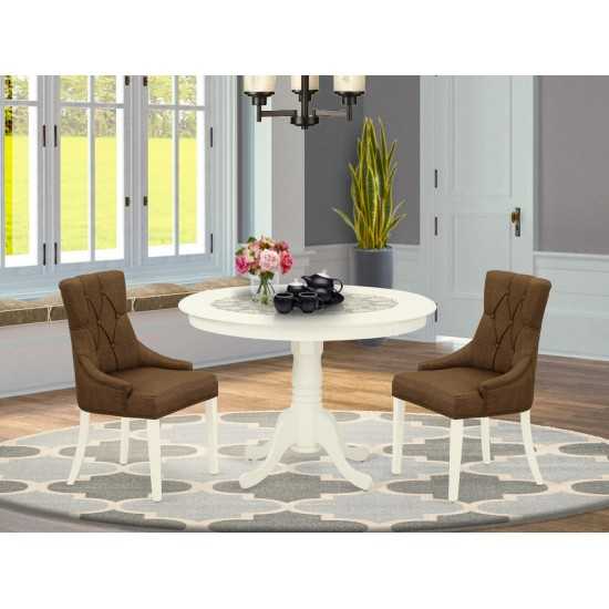 3Pc Dinette Set, Rounded Kitchen Table, Two Parson Chairs, Dark Coffee Fabric, Linen White Finish