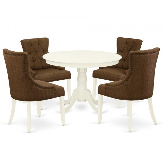 5Pc Dining Set, Round Dinette Table, Four Parson Chairs, Dark Coffee Fabric, Linen White Finish