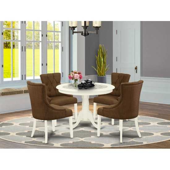 5Pc Dining Set, Round Dinette Table, Four Parson Chairs, Dark Coffee Fabric, Linen White Finish