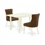 Dining Set 3 Pcs, Two Chairs, Table, Linen White Finish Wood, Dark Coffee Color