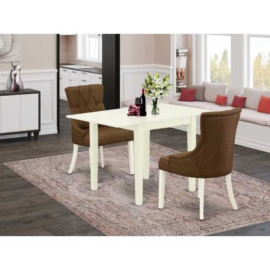 Dining Set 3 Pcs, Two Chairs, Table, Linen White Finish Wood, Dark Coffee Color