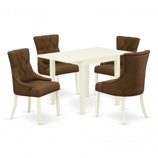 Dining Set 5 Pcs, Four Chairs, Table, Linen White Finish Wood, Dark Coffee Color