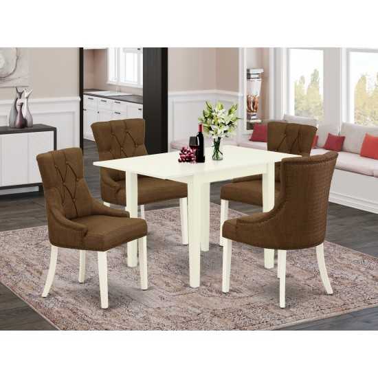 Dining Set 5 Pcs, Four Chairs, Table, Linen White Finish Wood, Dark Coffee Color