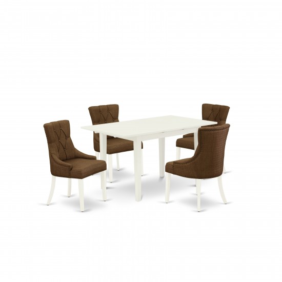 5Pc Kitchen Set, 4 Parson Chairs, Stylish Back, Upholstered Nail Head Seat, Butterfly Leaf Kitchen Table, Linen White