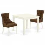 3Pc Dinette Set, Square Kitchen Table, Two Parson Chairs, Dark Coffee Fabric, Linen White Finish