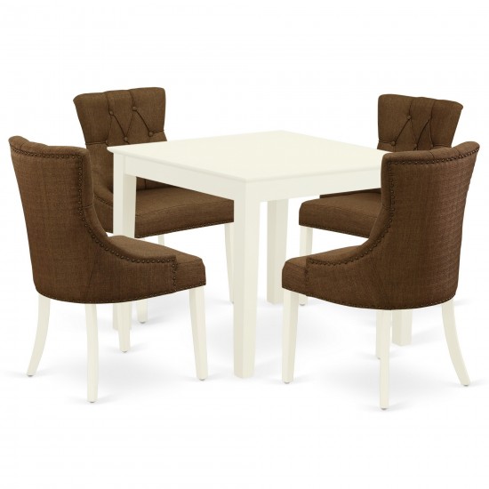 5Pc Dining Set, Square Dinette Table, Four Parson Chairs, Dark Coffee Fabric, Linen White Finish