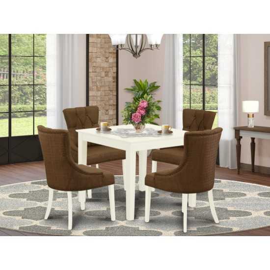 5Pc Dining Set, Square Dinette Table, Four Parson Chairs, Dark Coffee Fabric, Linen White Finish