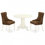 3Pc Dinette Set, Round Dining Table, Two Parson Chairs, Dark Coffee Fabric, White Finish