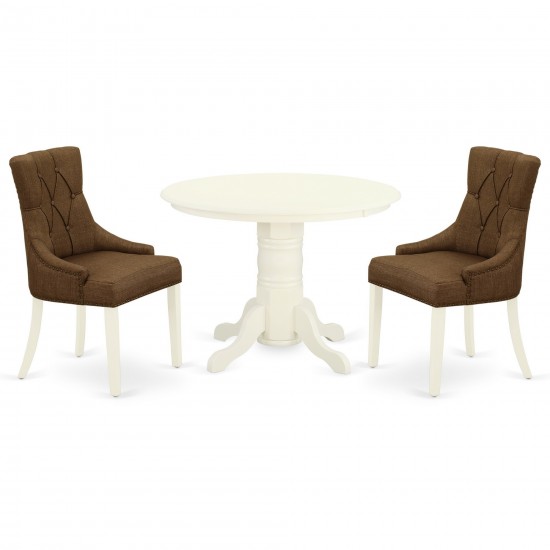 3Pc Dinette Set, Round Dining Table, Two Parson Chairs, Dark Coffee Fabric, White Finish