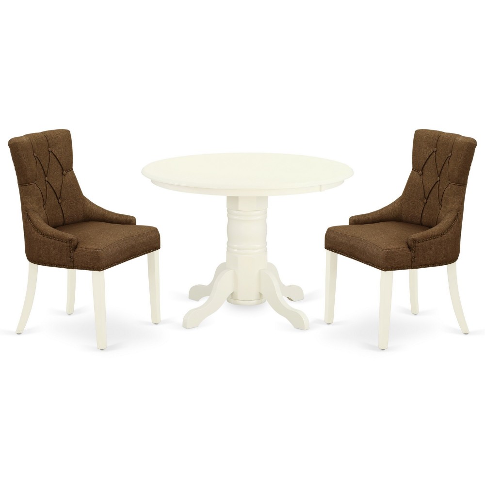 3Pc Dinette Set, Round Dining Table, Two Parson Chairs, Dark Coffee Fabric, White Finish