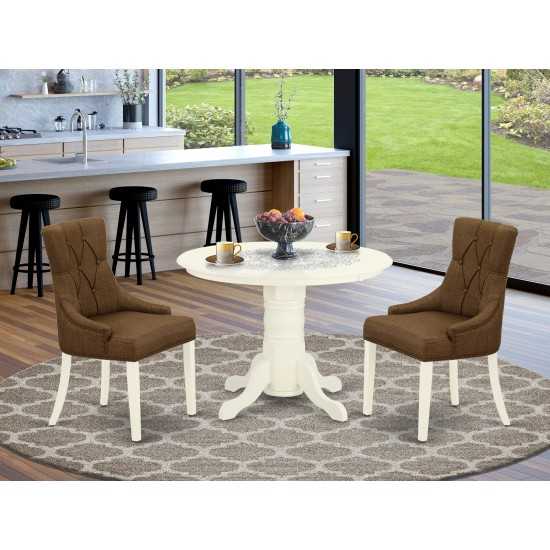 3Pc Dinette Set, Round Dining Table, Two Parson Chairs, Dark Coffee Fabric, White Finish