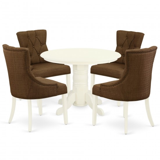 5Pc Dining Set, Round Table, Four Parson Chairs, Dark Coffee Fabric, White Finish