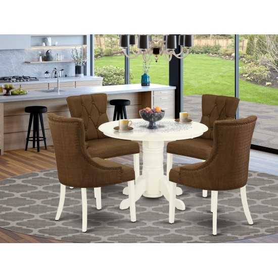 5Pc Dining Set, Round Table, Four Parson Chairs, Dark Coffee Fabric, White Finish