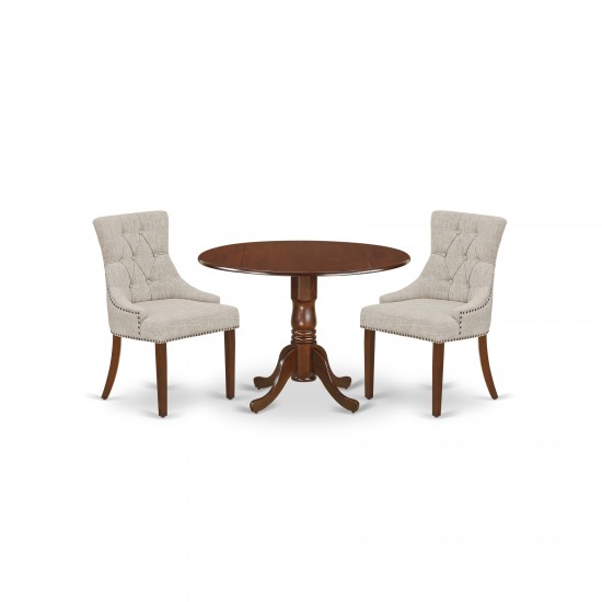 3Pc Dinette Set, Rounded Kitchen Table, Drop Leaves, Two Parson Chairs, Doeskin Fabric, Mahogany