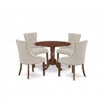 5Pc Dining Set, Round Dinette Table, Drop Leaves, Four Parson Chairs, Doeskin Fabric, Mahogany