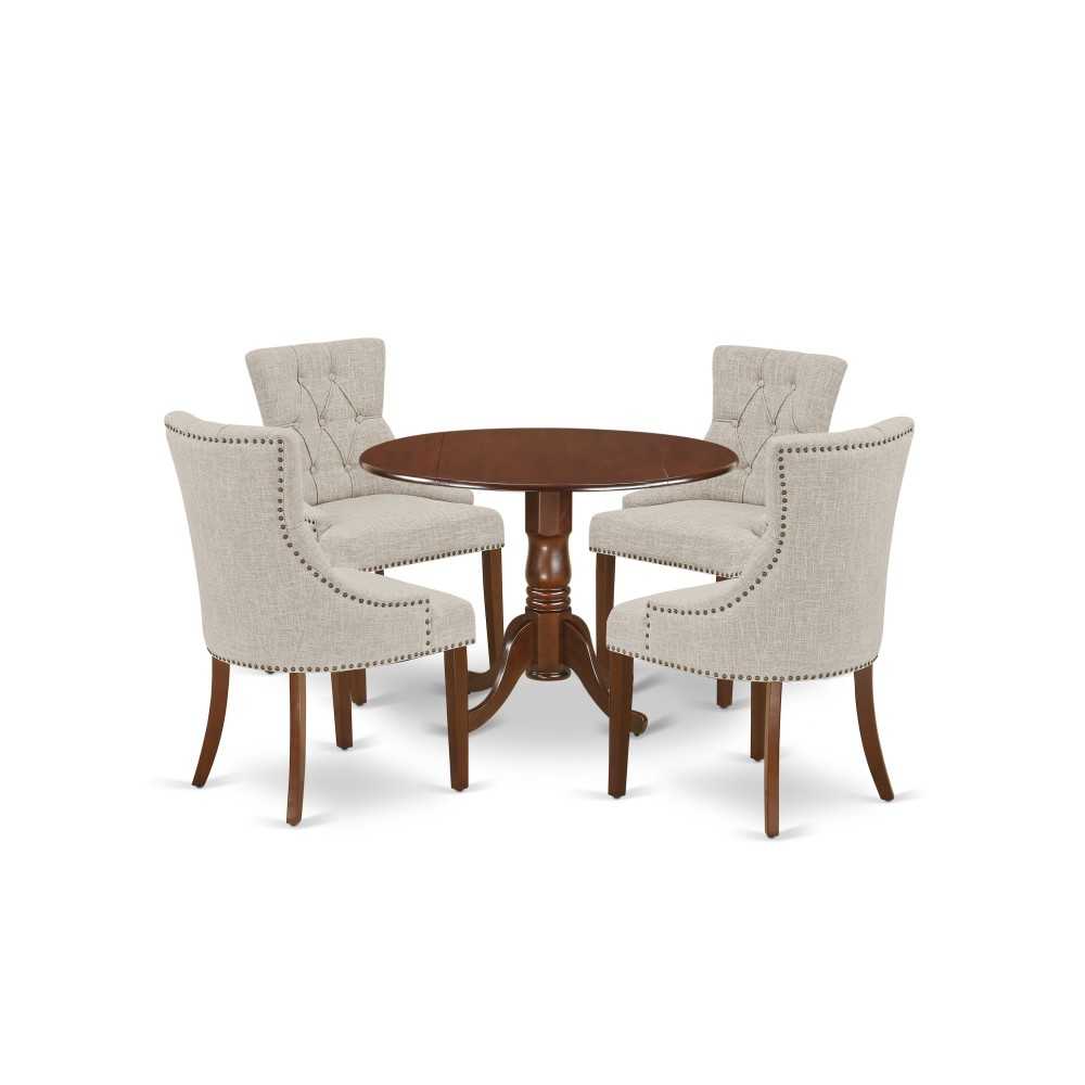 5Pc Dining Set, Round Dinette Table, Drop Leaves, Four Parson Chairs, Doeskin Fabric, Mahogany