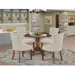 5Pc Dining Set, Round Dinette Table, Drop Leaves, Four Parson Chairs, Doeskin Fabric, Mahogany