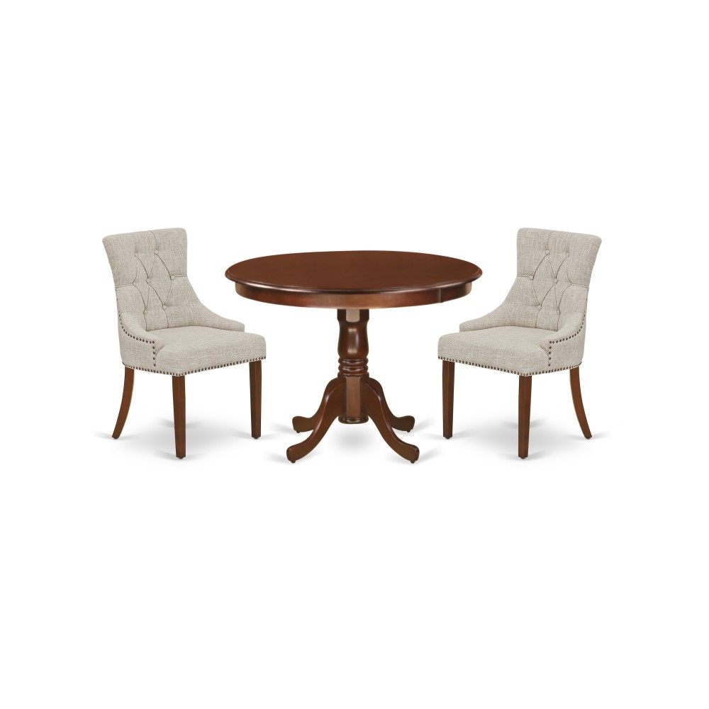 3Pc Dinette Set, Rounded Kitchen Table, Two Parson Chairs, Doeskin Fabric, Mahogany Finish