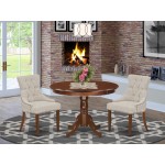 3Pc Dinette Set, Rounded Kitchen Table, Two Parson Chairs, Doeskin Fabric, Mahogany Finish