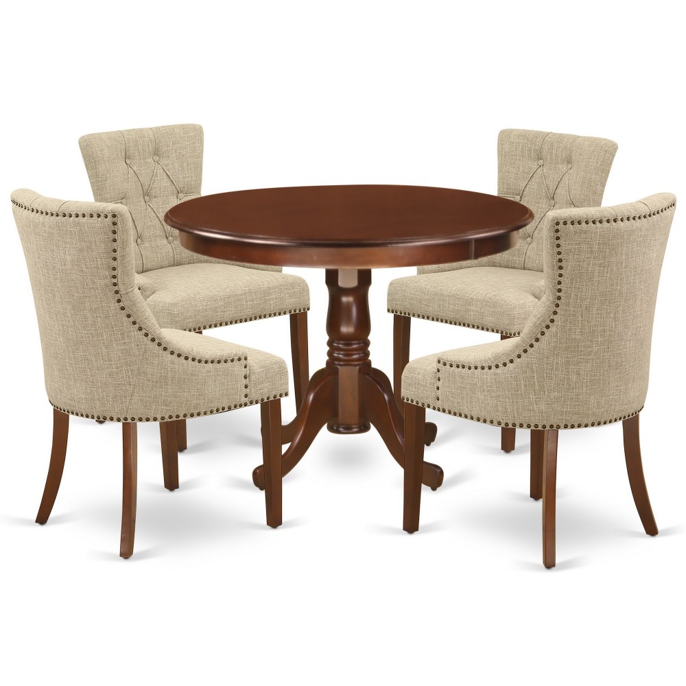 5Pc Dining Set, Round Dinette Table, Four Parson Chairs, Doeskin Fabric, Mahogany Finish