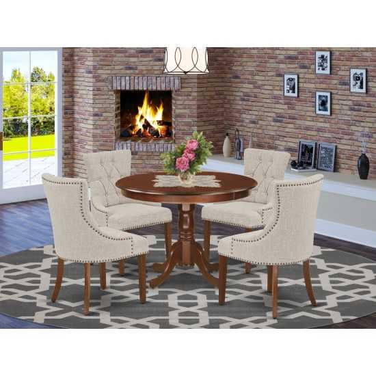 5Pc Dining Set, Round Dinette Table, Four Parson Chairs, Doeskin Fabric, Mahogany Finish