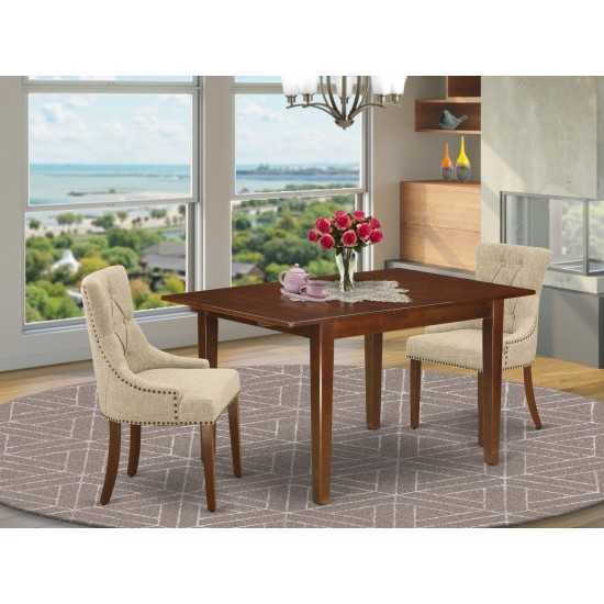 3Pc Dinette Set, Rectangular Kitchen Table, Butterfly Leaf, Two Parson Chairs, Doeskin Fabric, Mahogany