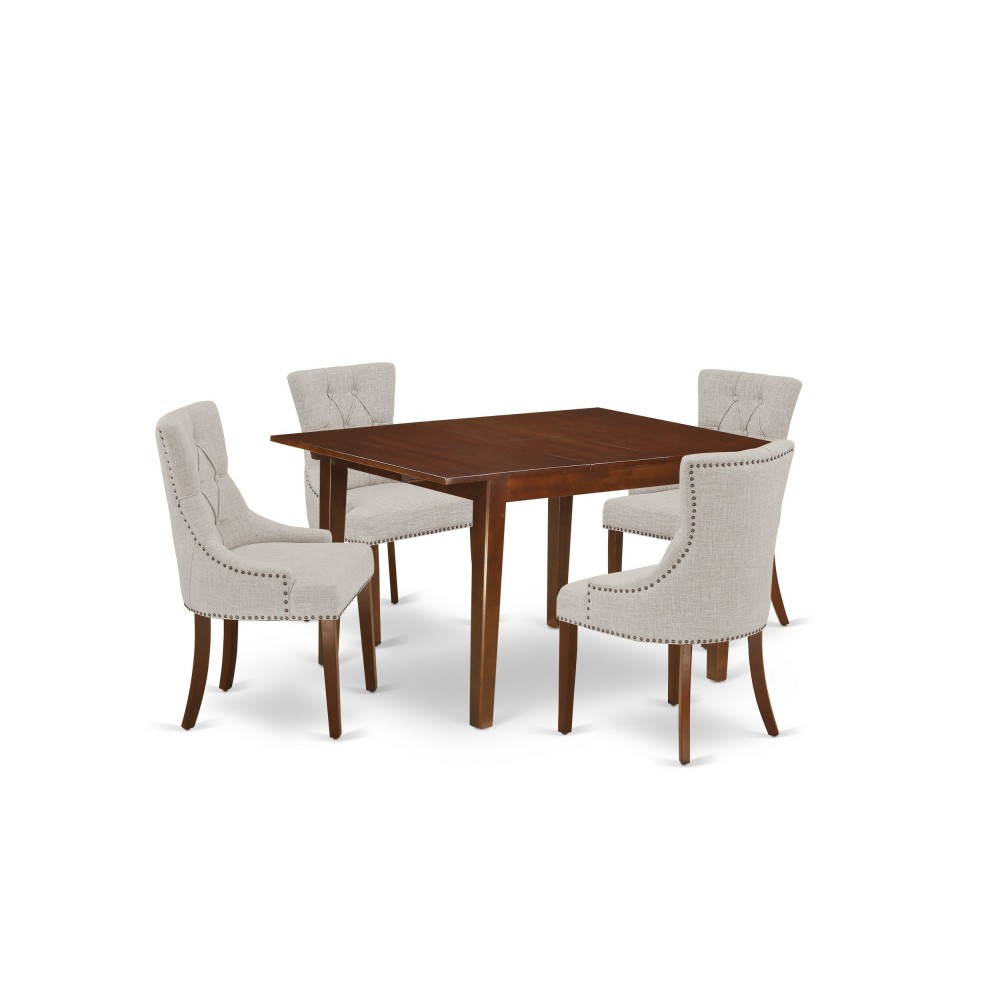 5Pc Dining Set, Rectangle Dinette Table, Butterfly Leaf, Four Parson Chairs, Doeskin Fabric, Mahogany