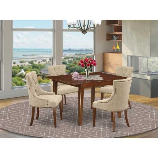 5Pc Dining Set, Rectangle Dinette Table, Butterfly Leaf, Four Parson Chairs, Doeskin Fabric, Mahogany