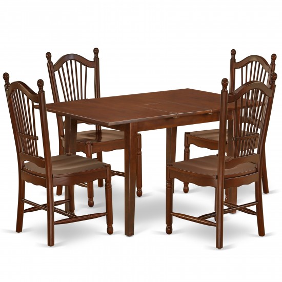 5Pc Rectangular 48/60" Kitchen Table, 12 In Self Storing Butterfly Leaf, Four Wood Seat Dining Chairs