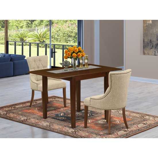 Dining Set 3 Pcs Two Dining Chairs, Wood Table Mahogany Finish Wood Doeskin Color