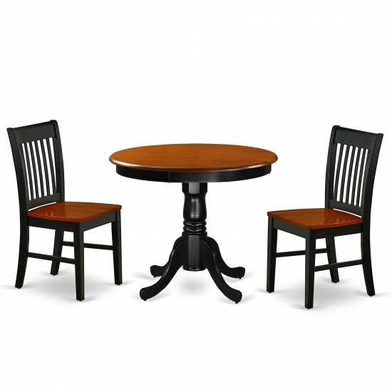 3Pc Rounded 36 Inch Family Table And Two Solid Wood Seat Kitchen Chairs