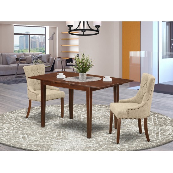 3Pc Dinette Set, Rectangular Kitchen Table, Butterfly Leaf, Two Parson Chairs, Doeskin Fabric, Mahogany