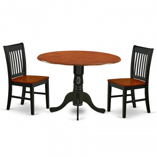 3Pc Rounded 42" Dining Table, Two 9-Inch Drop Leaves, Pair Of Wood Seat Chairs