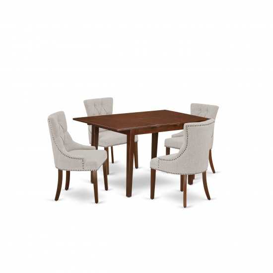 5Pc Dining Set, Rectangle Dinette Table, Butterfly Leaf, Four Parson Chairs, Doeskin Fabric, Mahogany